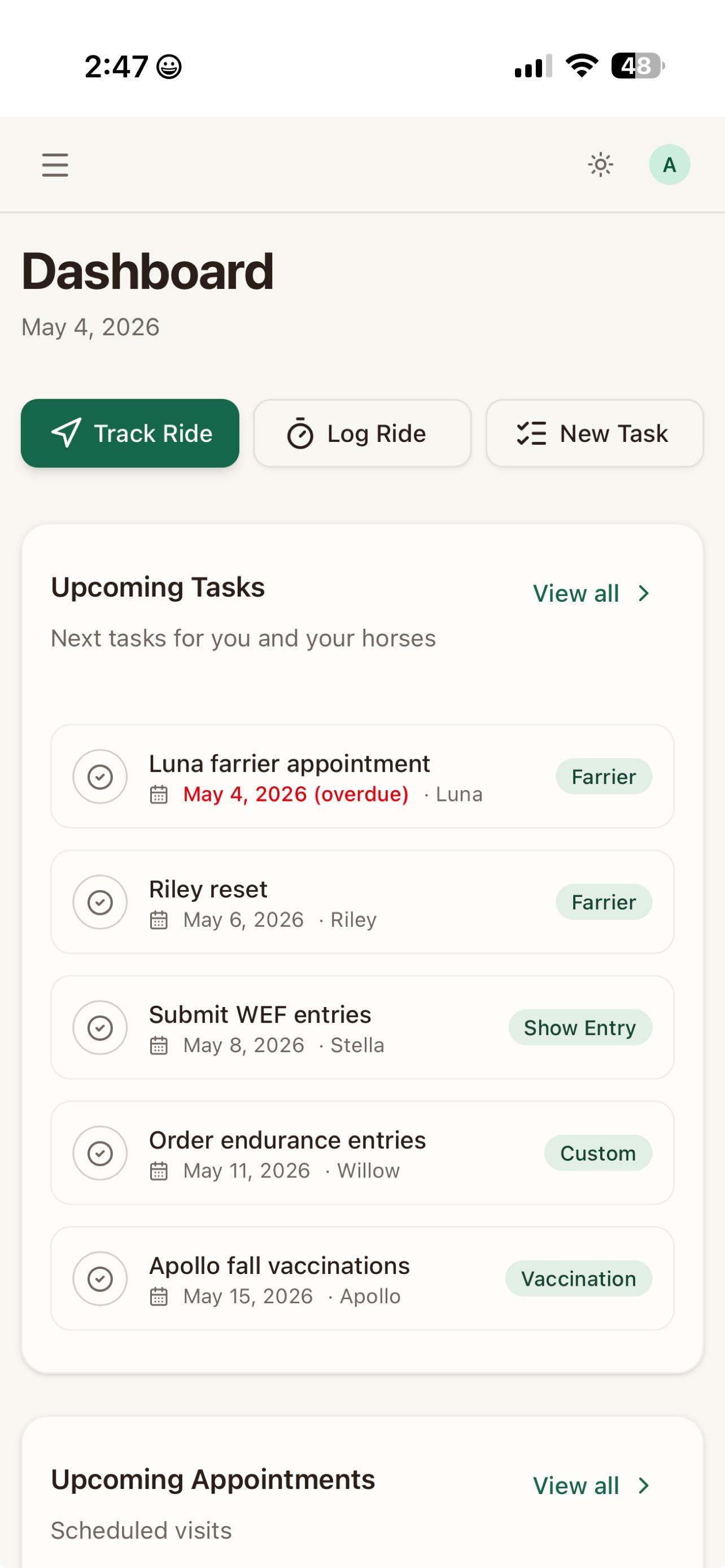 Dashboard - daily tasks and appointments