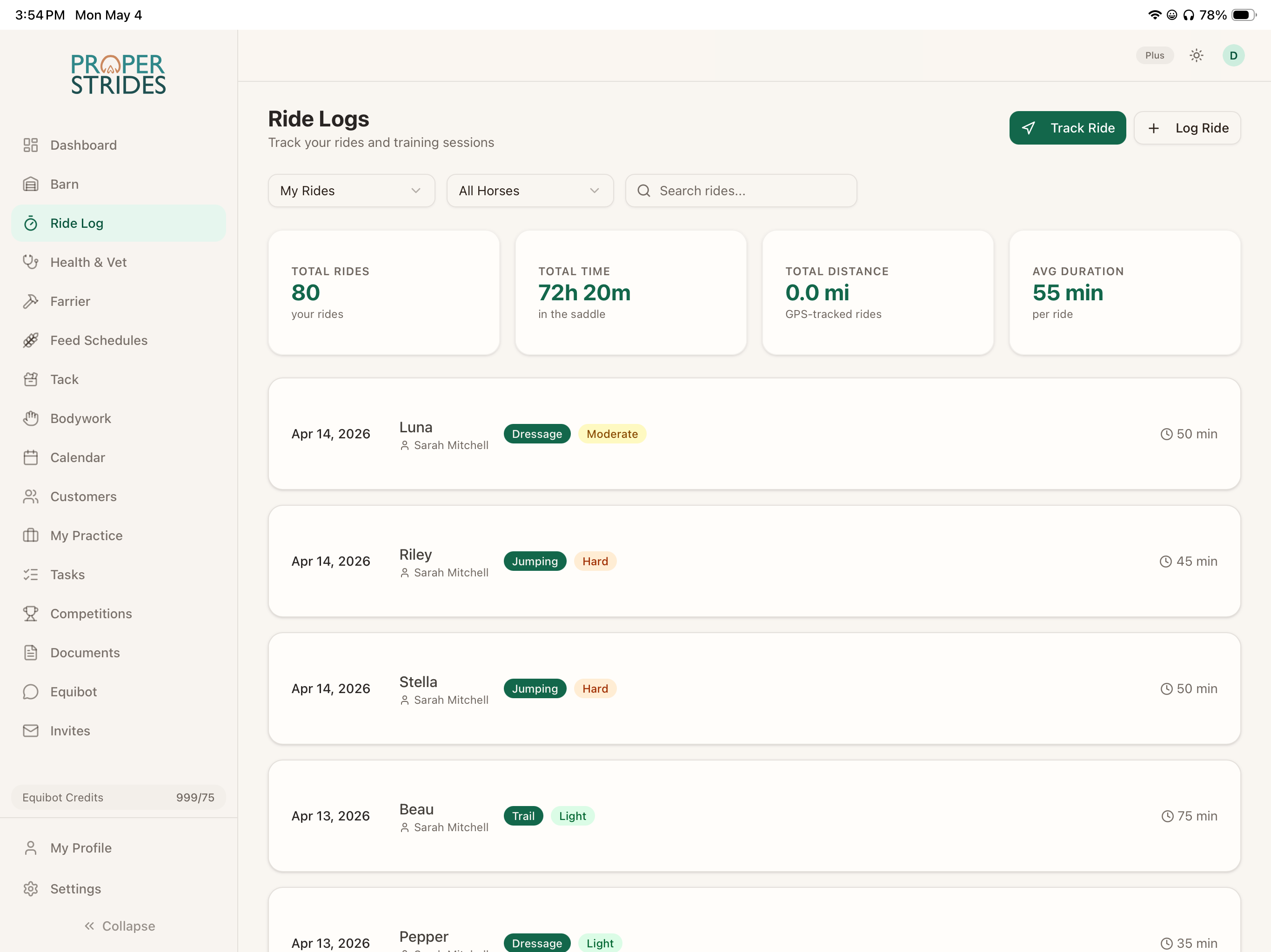 Ride log with all training sessions