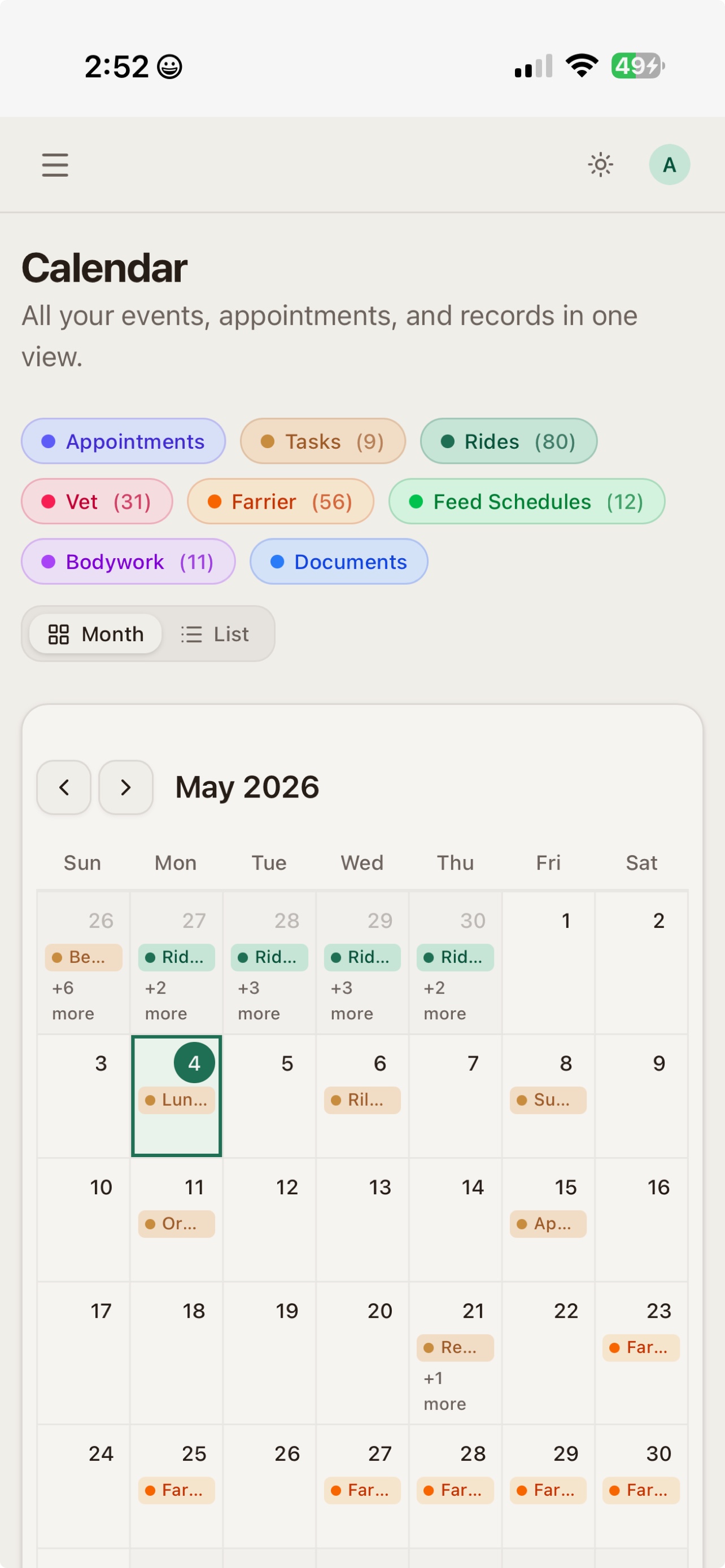 Calendar with appointments, tasks, and rides