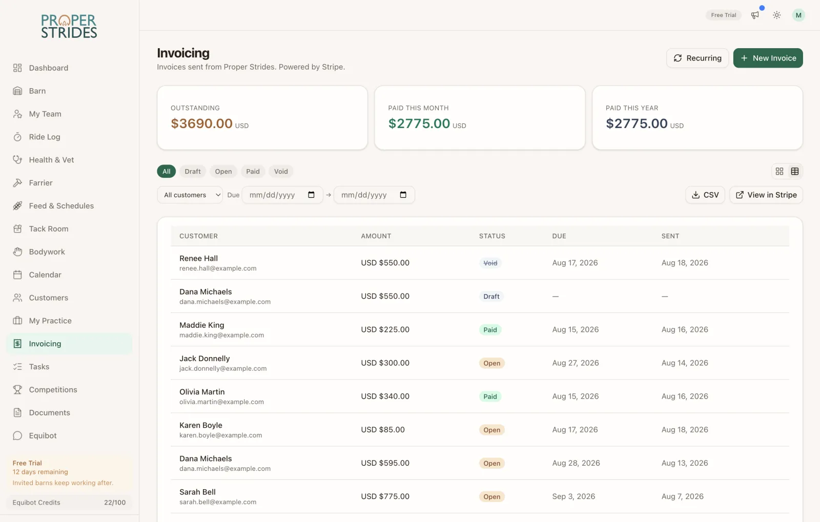 Invoicing screen with line items, recurring billing setup, and inventory picker