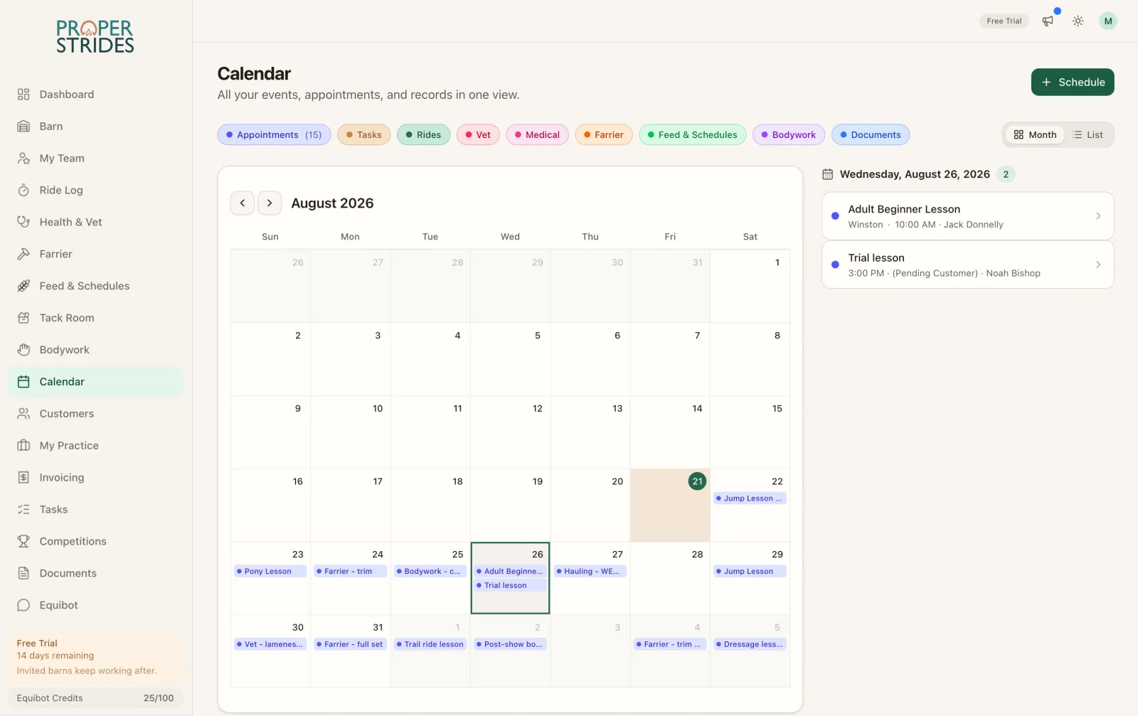 Barn calendar with vet, farrier, training, and lesson appointments