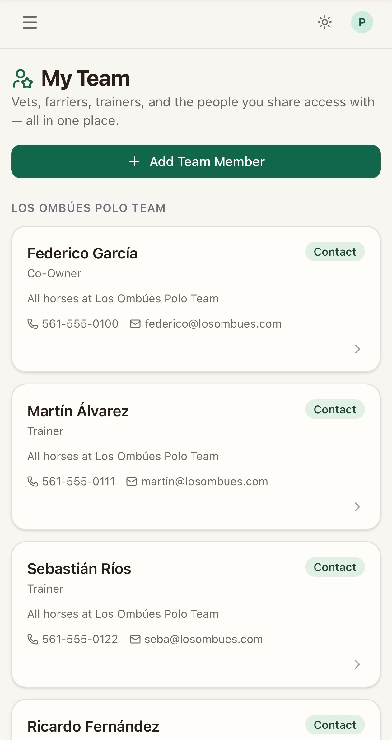 Team roster with owner, trainers, and staff — team sharing for the polo string